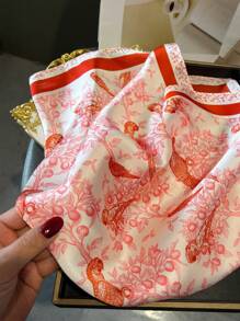 1pc Women's Elegant/Retro Fashion Printed Faux Silk Scarf/Satin Scarf, Can Be Used As Headscarf, Scarf, Shawl, Lightweight And Comfortable, Suitable For Daily Wear And Spring, Summer, Autumn Outings, Also An Ideal Gift Choice For Mother's Day And Women's Day. - Red Pink - View 3