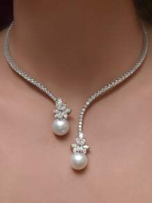 1 buc colier complet cu cristale și choker cu perle din frunze de zirconiu, colier luxos la modă din cupru și argint, potrivit pentru femei, purtare zilnică, aniversare, nuntă, petrecere, sărbătoare, colier de bijuterii de mireasă