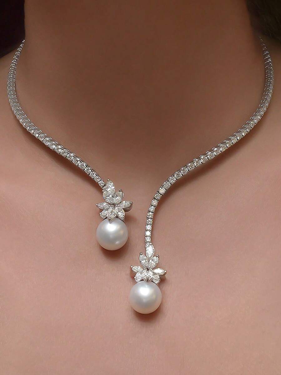 1 buc colier complet cu cristale și choker cu perle din frunze de zirconiu, colier luxos la modă din cupru și argint, potrivit pentru femei, purtare zilnică, aniversare, nuntă, petrecere, sărbătoare, colier de bijuterii de mireasă