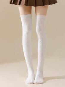 1 Pair New Autumn & Winter Japanese-Style Cream White Cashmere Socks | Retro Cable Knit Jacquard, Slim-Fit, Warm, Over-The-Knee | Random Delivery, Cozy - White - View 3