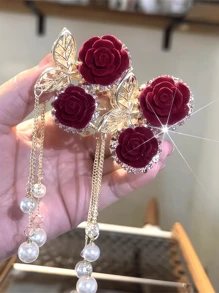 1pc Women's Elegant Red Rose Tassel Crystal Hair Claw Clip, Ideal Gift Hair Clips Hair Jaw Clip Hair Clamps Hair Clutch Hair Catcher Clip