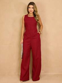 Elegant Linen Pantaloon Jumpsuit Wide Legs And Discreet Pockets - Burdeos - Ver 3