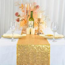 1 件亮片桌布，金色亮片桌旗，长桌旗，闪亮织物滑轨，用于圆形/矩形桌面装饰，适用于圣诞节、餐桌布置、招待会、婚礼、生日派对、万圣节装饰、节日派对，黑色闪光桌旗 - 金色 - 查看 5