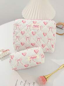 1 Bolsa de maquillaje acolchada con forma de corazón y lazo rosa. Bolsa de cosméticos de viaje, bolsa de cosméticos multifunción, bolsa de baño, bolsa de almacenamiento de joyas, bolsa de almacenamiento de perfumes y cuidado de la piel, bolsa de pinceles, bolsa de toallas sanitarias, bolsa de auriculares, monedero, bolsa de gafas, adecuada para familia, viajes, escuela y trabajo. Adecuada para mujeres y estudiantes. Regalos festivos, regalos de cumpleaños, regalos de Navidad, regalos para mamá, recuerdos, lindo