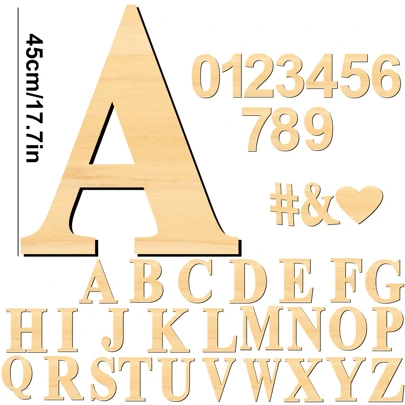 45cm/17in Large Wooden Alphabet Letters A-Z, Numbers 0-9, Blank Unfinished Wooden Letter Number Signs, Cutout Wooden Letters Suitable For Home Wall Decor, Birthday, Wedding, Party, Classroom Decoration
