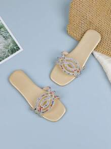 1 Pair Teens' Gold Color Crystal & Rhinestone Decorated Strap Slides, Soft Non-Slip Sole