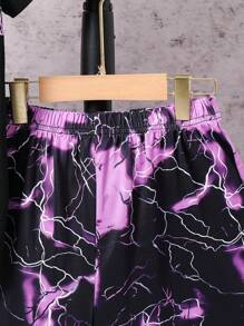 2 件套 Tween Boys 休闲扎染闪电图案 T 恤和短裤套装，春夏 - 紫色 - 查看 6