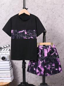 2 件套 Tween Boys 休闲扎染闪电图案 T 恤和短裤套装，春夏 - 紫色 - 查看 1