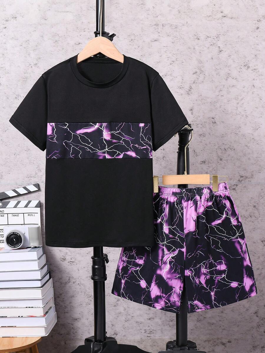 2 件套 Tween Boys 休闲扎染闪电图案 T 恤和短裤套装，春夏 - 紫色 - 查看 1