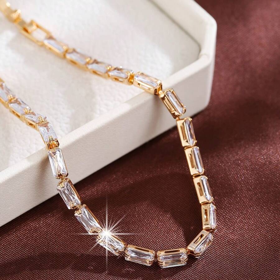 1 件女士奢华方晶锆石手链，独特设计，优雅配饰 - 銀色 - 查看 1