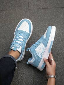 男士时尚个性化设计风景树枝印花舒适运动鞋，百搭情侣休闲滑板鞋 - 白月 - 查看 6