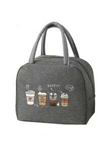 4 杯装咖啡主题保温午餐包，印有“快乐”和“爱”字样，搭配黑色餐具收纳袋，大容量，学生保温冷藏包，便携式旅行野餐包，办公/学校午餐包 - 彩色 - 查看 15