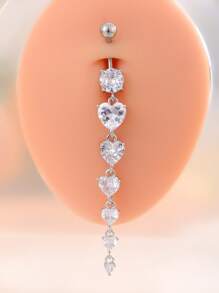1pc Stainless Steel Belly Button Ring With Long Pendant, 6pcs Heart CZ Inlay, Piercing Jewelry For Women