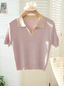 Summer Elegant French Chic Colorblock Polo Collar Knit Short Sleeve T-Shirt, Casual Collegiate Commuter Top For Women - Purple - View 9