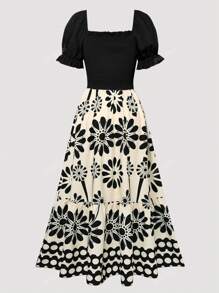 Dames bloemenprint taille split vakantiejurk, zomer