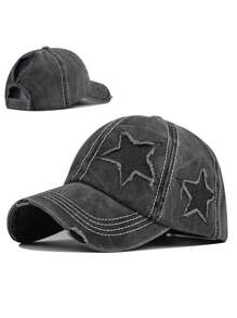 1pc Women Embroidered Five-Pointed Star Washed Ponytail Ripped Baseball Cap, Adjustable Outdoor Sun Hat Suitable For Spring, Autumn, Travel, Beach, Vacation, Also Fits Men, Y2K Style