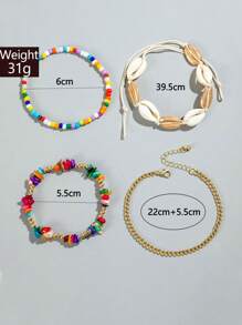 女士波西米亚风格脚链，海洋海滩，贝壳砾石米珠编织脚链，4 件/套