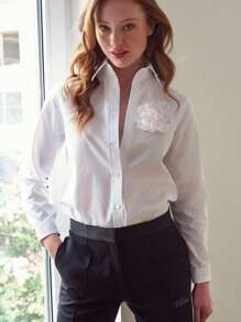 QIANZHIDU Women' Floral Decoration Long Sleeved Single Breasted Casual Elegant Workplace Interview Office Shirt