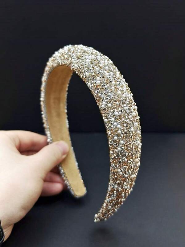 1 faixa de cabeça bege luxuosa e elegante, totalmente cravejada, com arco de cabeça grosso premium e combinação de cristais brilhantes, adequada para casamento/festa/feriado, faixa de cabelo, faixas de cabelo