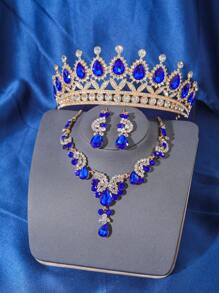4 件优雅奢华巴洛克水晶皇冠项链耳环配饰套装，新娘婚礼头饰，女士派对活动成人礼物皇冠项链耳环