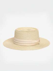 French Flat-Brimmed UV-Blocking Sunhat For Women, Foldable Design With Ribbon, Casual & Fashionable Straw Hat For Beach, Resort, Summer, Spring