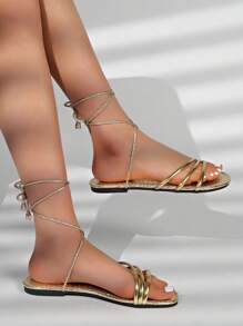 Sandalias planas de verano para mujer con talla grande, de estilo romano con cordones y aplicaciones de strass