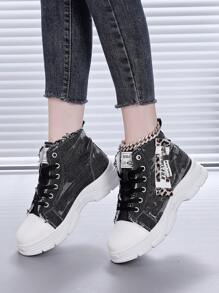 1 Pair Women's Korean Canvas High-Top Sneakers, Comfortable Breathable Casual Lace-Up Side Zipper Classic Running Shoes
