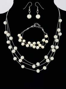 Simple & Elegant Fashionable Faux Pearl Necklace, Earrings, Bracelet Jewelry Set - Gold - View 3