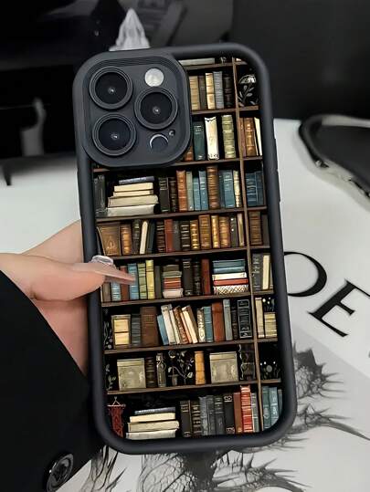Book 1 件装黑色复古书架图案全覆盖 TPU 防震手机壳，适用于 16、15、14、13、12、11 Pro Max 及系列，防水防摔防刮