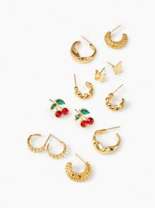 1 Set Women Butterfly & Cherry Metal Hoop Earrings, Fun & Versatile, Suitable For Daily, Commuting, Campus, Dating