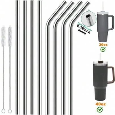 3/5/10 件可重复使用 8 毫米不锈钢吸管，带清洁刷 - 超长 30 厘米抛光金属饮用吸管，适用于 30/40 盎司杯子 - 非常适合万圣节、圣诞节、复活节、感恩节