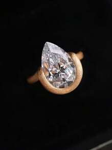 1pc Zirconia Teardrop Pigeon Egg Ring, Gilded Textured Exaggerated Vintage Copper Gold Ring Suitable For Women's Daily Wear, Applicable For Anniversary, Wedding, Party, Gathering And Special Occasions Wedding Jewelry Ring - 金色 - 查看 2