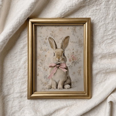 Pósteres vintage de conejo de Pascua, pintura de conejo de primavera en colores apagados, decoración de estilo cottage con animales, impresión neutra de conejo para imprimir, con opción de marco