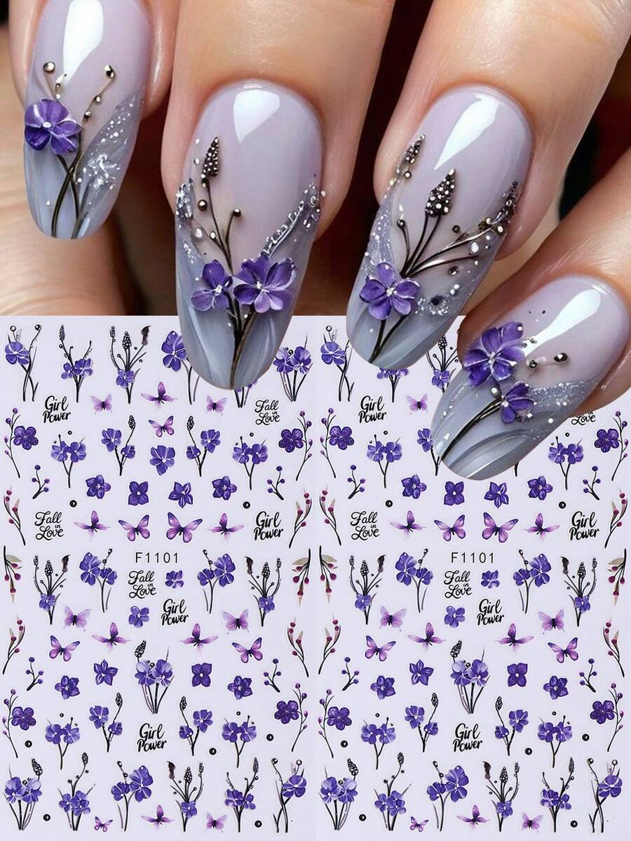 2片装优雅花卉美甲贴纸，紫色丁香花图案自粘3D美甲贴花，易于粘贴，打造独特创意美甲 - 彩色 - 查看 1