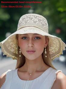 女式可折叠防水太阳帽，超大帽檐度假海滩草帽，条纹休闲波西米亚复古风格，涤纶，防晒，春夏