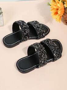 1 Pair Black Plus Size Toddler Girls' Flat Sandals, Solid Color PU Adjustable Buckle Strap, Round Toe, Non-Slip, Cute Roman Casual Slippers Suitable For 3-15 Years Old Kids, Spring/Summer New Arrival 2025