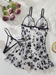 Set de 2 piezas de lencería sexy para mujer con cierre delantero de malla y diseño floral, adecuado para el Día de San Valentín, citas, fiestas festivas