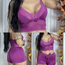 Women's Babydoll With Lace Details In Nightwear Short Pajamas - Màu tím - Xem 3