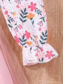 女童长袖翻领花卉印花网眼连衣裙（带腰带） - 粉色 - 查看 5