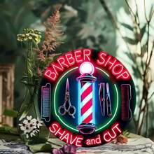 1 件 2D 活力霓虹灯“理发店”标志 - 7.87x7.87 英寸铁艺墙饰，防水防褪色，质朴的金属装饰，配有剪刀和梳子插图，复古装饰户外装饰墙饰房间装饰卧室婚礼装饰波西米亚风家居装饰花园装饰品客厅装饰客厅装饰派对装饰，随机孔位置 - 彩色 - 查看 4