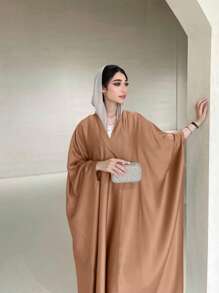 Women Solid Color Long Cardigan With Belt And Batwing Sleeves, Modest Middle Eastern Style Outwear For Autumn/Winter - No Headscarf - Khaki - View 1