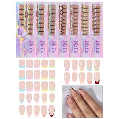 150入組含5種顏色的假指甲套裝（法式正方形、尖頭、橢圓形、棺材形），可戴可拆式假指甲，用於指甲美容和美甲，不會留下痕跡的貼式指甲用品