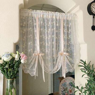 1 件米色刺绣蕾丝小菊花窗帘帷幔，无钻蕾丝窗帘布，适用于房间、卧室、厨房、客厅、公主风格薄纱窗帘