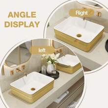 MEJE 19" Luxury Gold Stripes Rectangle Bathroom Vessel Sink, Above Counter Countertop Vanity Sink,Porcelain Ceramic Art Basin,Wash Basin For Lavatory Vanity Cabinet