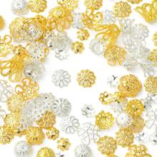 About 1180Pcs 10 Styles Iron Bead Caps, Golden & Silver, 6~11x1~8mm, Hole: 1~1.5mm