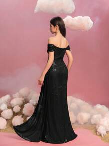 Teen Girls' Elegant Off-Shoulder Floor-Length Gown With Cascading Side Sash & High Leg Slit - Sequined Glitter Formal Dress For Pageant Princesses, Red Carpet Galas, Black-Tie Weddings, Grand Celebrations, And Luxury Evening Events - Black - View 3