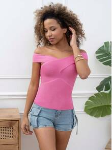 Ribbed Off-Shoulder Knit Top With A Crossed Neckline For A Refined And Modern Look. - Pink - View 4