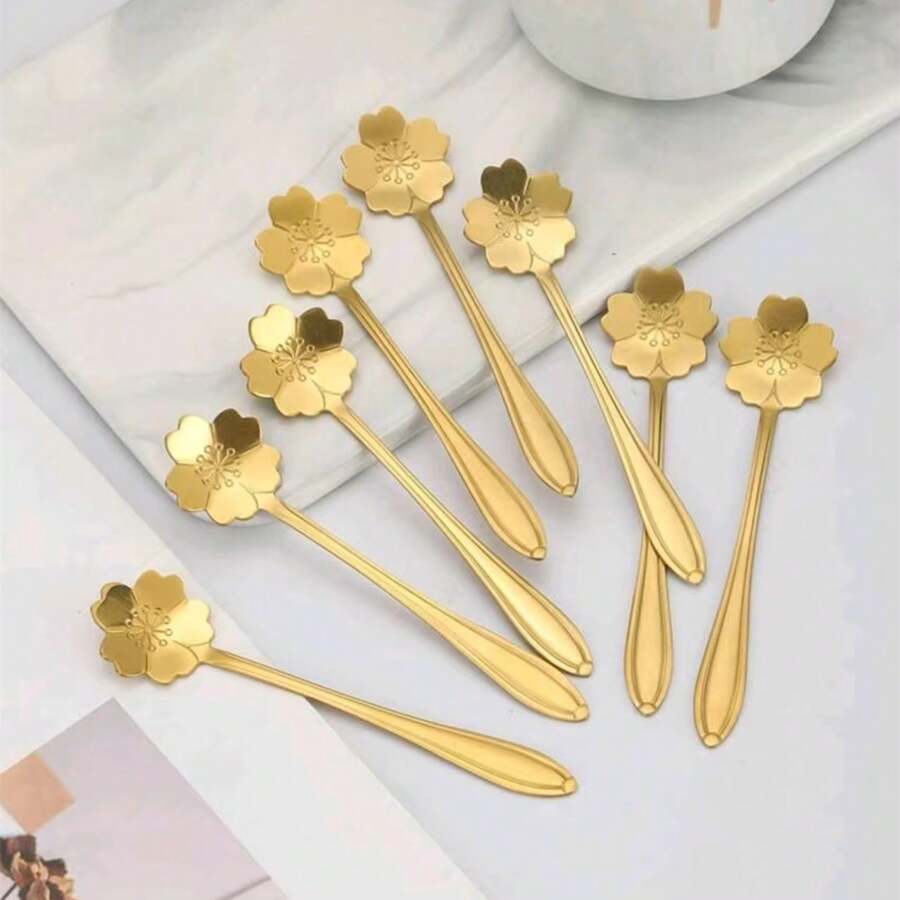 8pcs Cherry Blossom Coffee Spoon, Dessert Spoon, Ice Cream Spoon, Honey Spoon, Suitable For Home Kitchen, Party, Festival, Gift Back To School - Gold - View 1