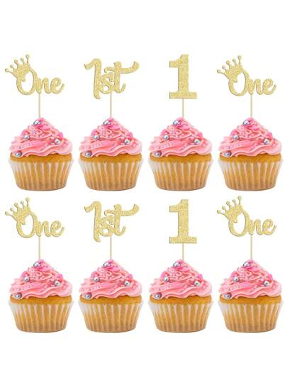 12pcs/Set 1st Birthday Cupcake Toppers, Gold Glitter Crown Number 1 Cake Picks, Unisex 1 Year Old Baby Birthday Party Decorations, Newborn 1 Month Party Supplies
