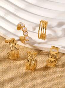 5pcs Set Stainless Steel 18K Gold Plated Geometric Open Ring With Faux Pearl, Exquisite Design, Suitable For Women's Daily Outfit, Holiday, Party, Engagement, Wedding Gift